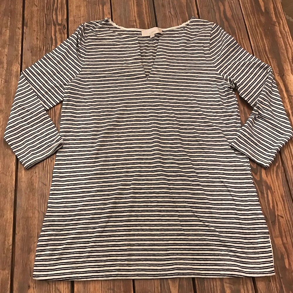 Loft Black White Tripe V Neck 3/4 Sleeve Top